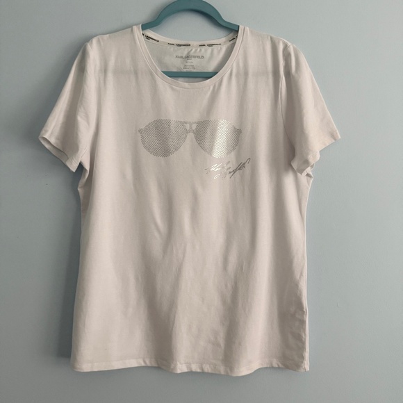 Karl Lagerfeld Women’s Short Sleeve Sunglasses Print White T- Shirt Size M - Picture 1 of 7